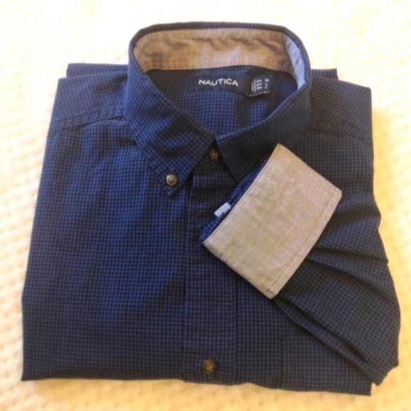 NAUTICA Black/Navy Micro Gingham Pattern Long Sleeve Button Down Sz. M - Picture 1 of 4